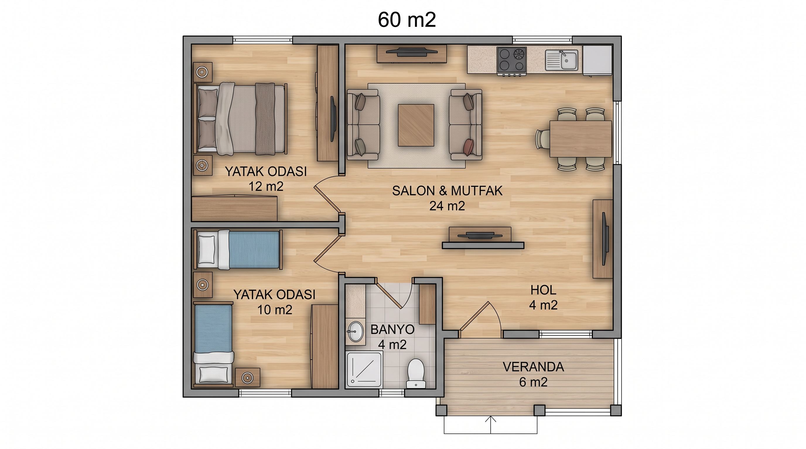60 m² (2+1) Ekonomik Yayla & Bahçe Prefabrik Evi - Kat Planı